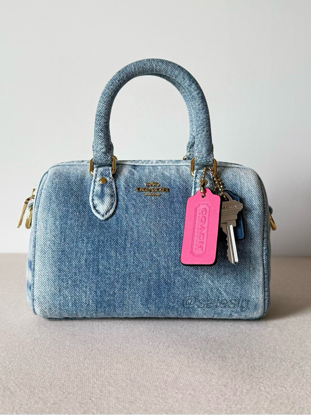 Nwt Coach Mini Rowan Crossbody Bag Loved Denim With Charms Blue Cdy30
